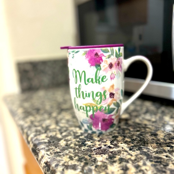Ceramic Coffe Mug w Thermal Travel Lid- Floral Quote Make Things Happen - Picture 6 of 6